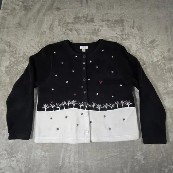 Christopher & Banks Winter Scene Cardigan Sweater Women’s Large Snowflake Bird C - Picture 2 of 11